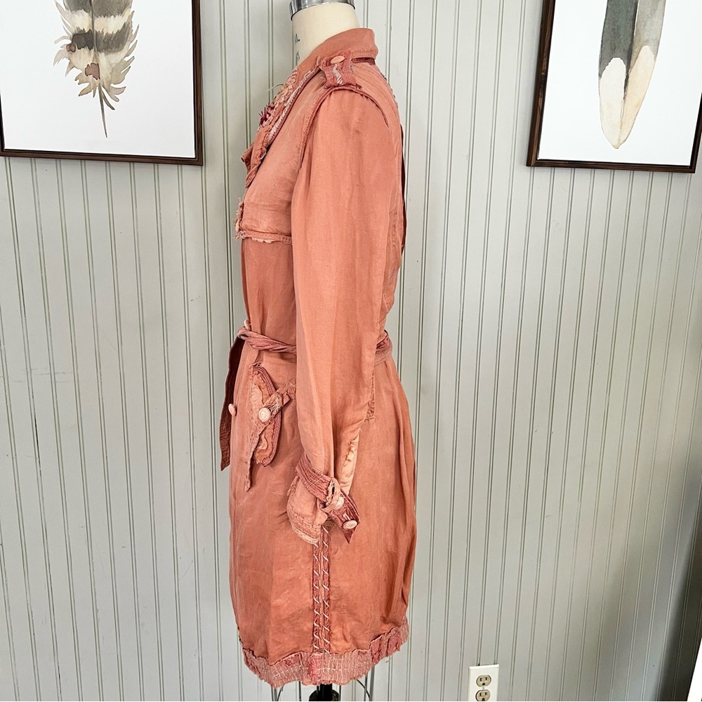 Shangana Hanmade Linen Patchwork Exposed Stitch Mid Length Duster Trench Coat - Picture 3 of 15
